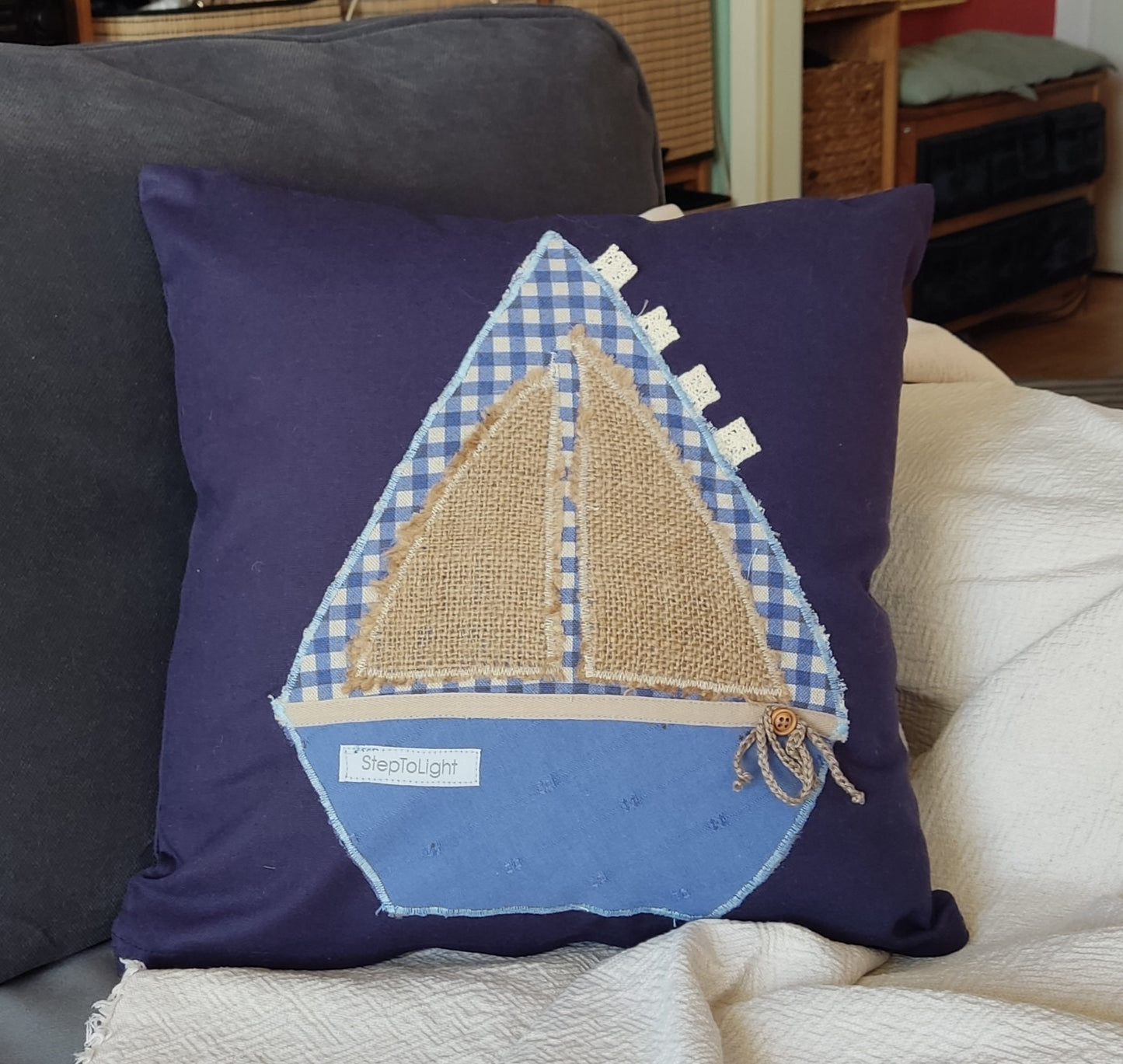 Nautical Pillow Cover Set - Navy Blue Patchwork Sailing Boat Maritime Decor