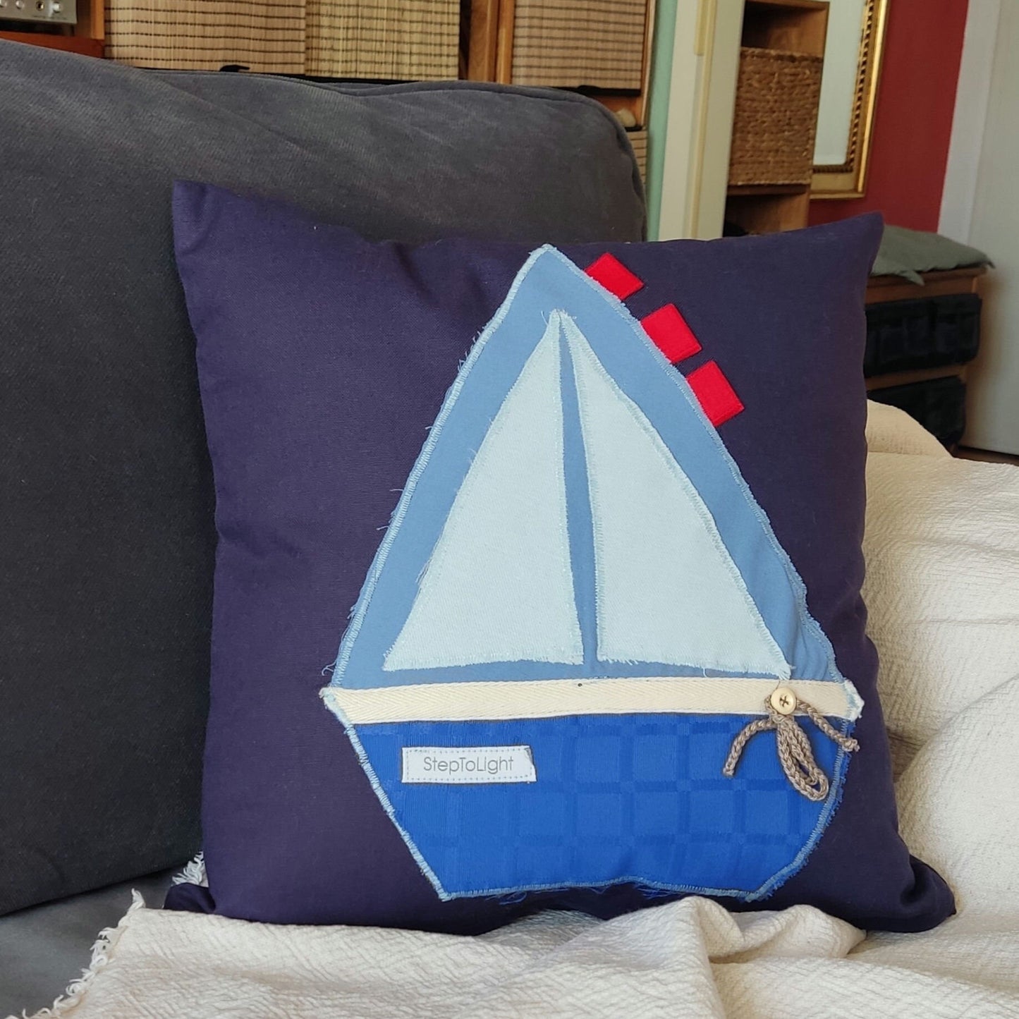 Nautical Pillow Cover Set - Navy Blue Patchwork Sailing Boat Maritime Decor