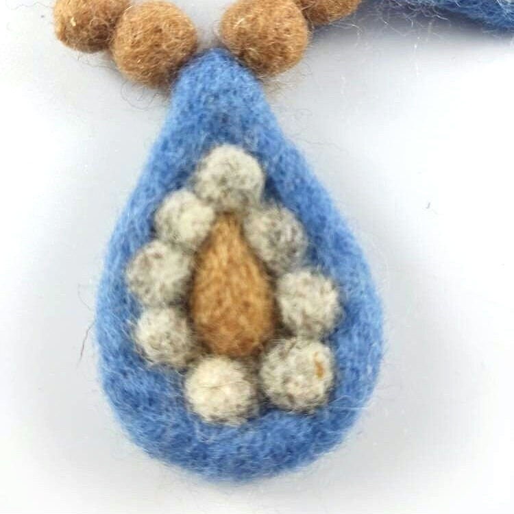 Needle Felted Blue Necklace: Merino Wool Beaded Chain, Mid-Century Style