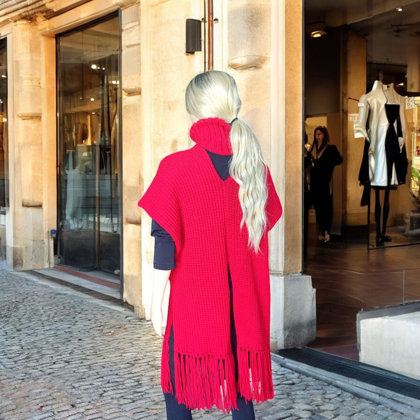 Red Knitted Poncho with Fringe - Turtleneck Vest for Women