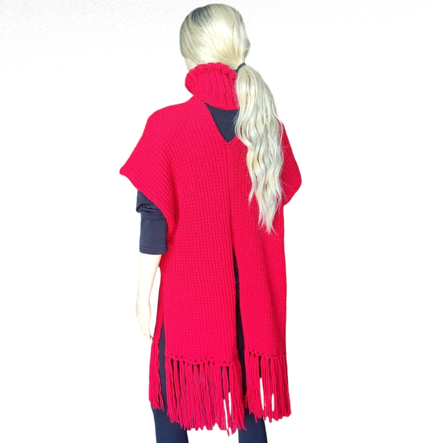 Red Knitted Poncho with Fringe - Turtleneck Vest for Women