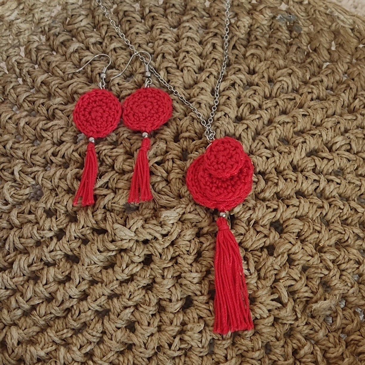 Red Crochet Pendant Necklace - Handmade Boho Tassel Statement Jewelry