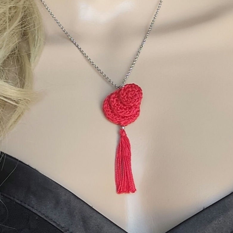 Red Crochet Pendant Necklace - Handmade Boho Tassel Statement Jewelry