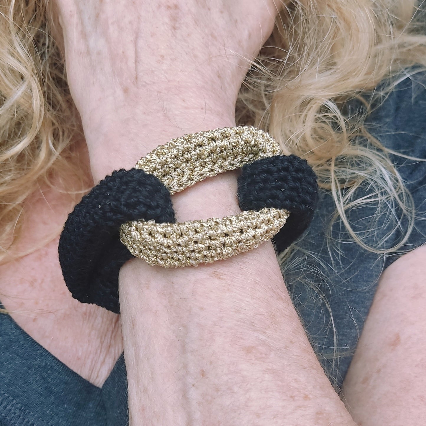 Black & Silver Braided Crochet Cuff Bracelet - Chunky Statement Jewelry