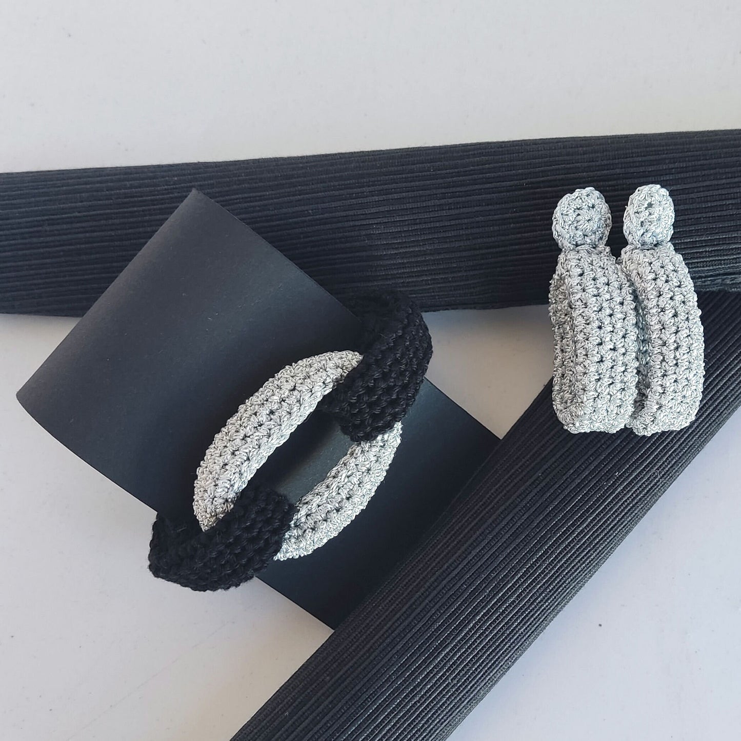 Black & Silver Braided Crochet Cuff Bracelet - Chunky Statement Jewelry
