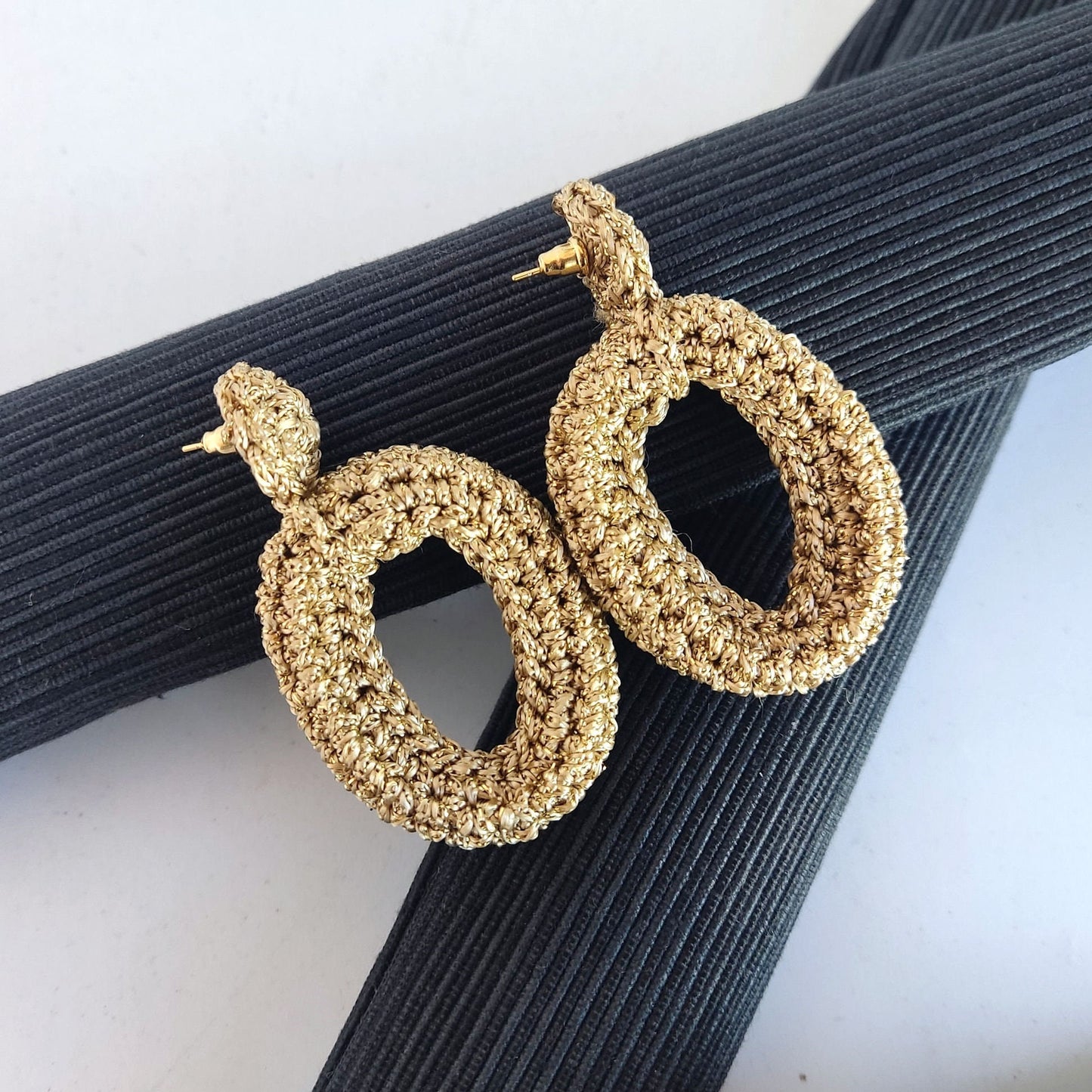 Blue Crochet Hoop Earrings: Cotton Yarn, Gold Plated Studs
