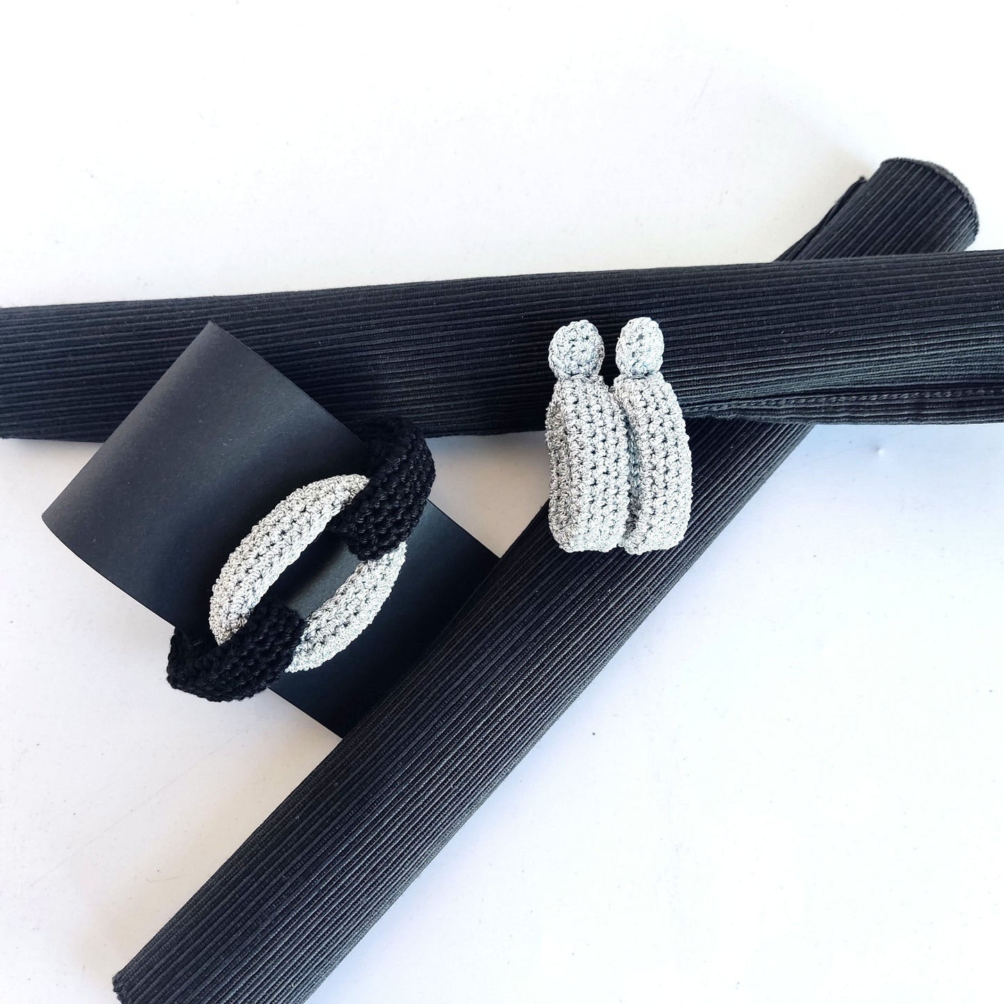 Gray Silver Chunky Crochet Statement Necklace - Luxe Braided Cotton Jewelry