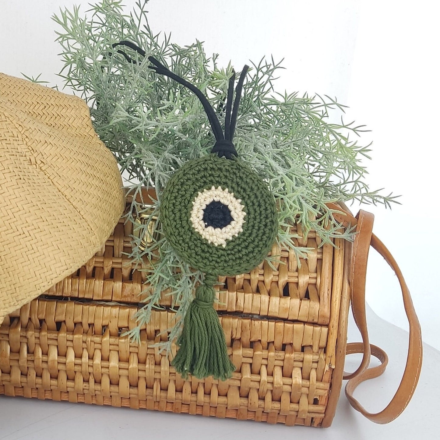 Olive Green Crochet Evil Eye Pendant Necklace - Boho Cord with Leather Strap, Protection Jewelry