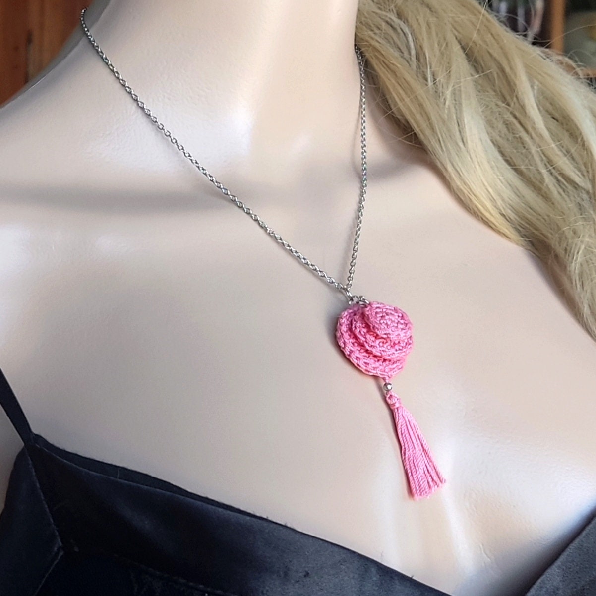 Crochet Pendant Necklace - Denim Blue & Beige Boho Tassel Necklace