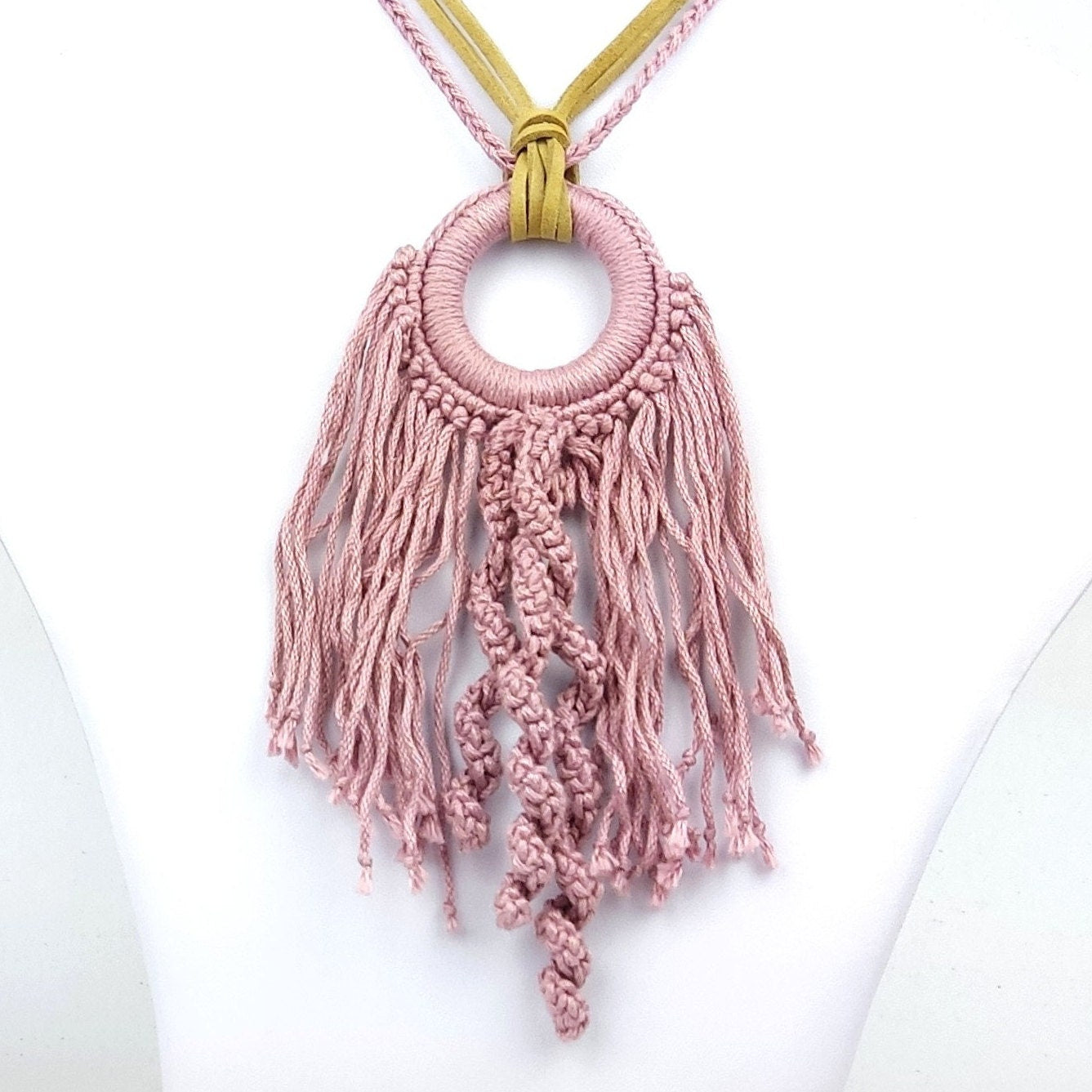 Pink Crochet Fringe Pendant Necklace - Handmade Boho Statement Jewelry