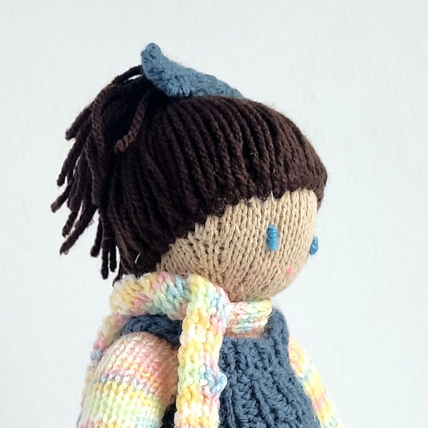Crochet School Girl Doll: Brown Hair, Handmade Plush Toy