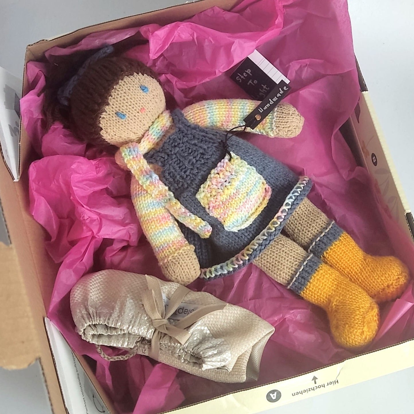 Crochet School Girl Doll: Brown Hair, Handmade Plush Toy