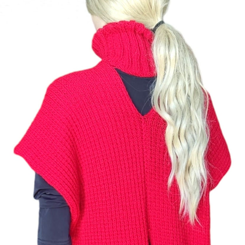 Red Knitted Poncho with Fringe - Turtleneck Vest for Women