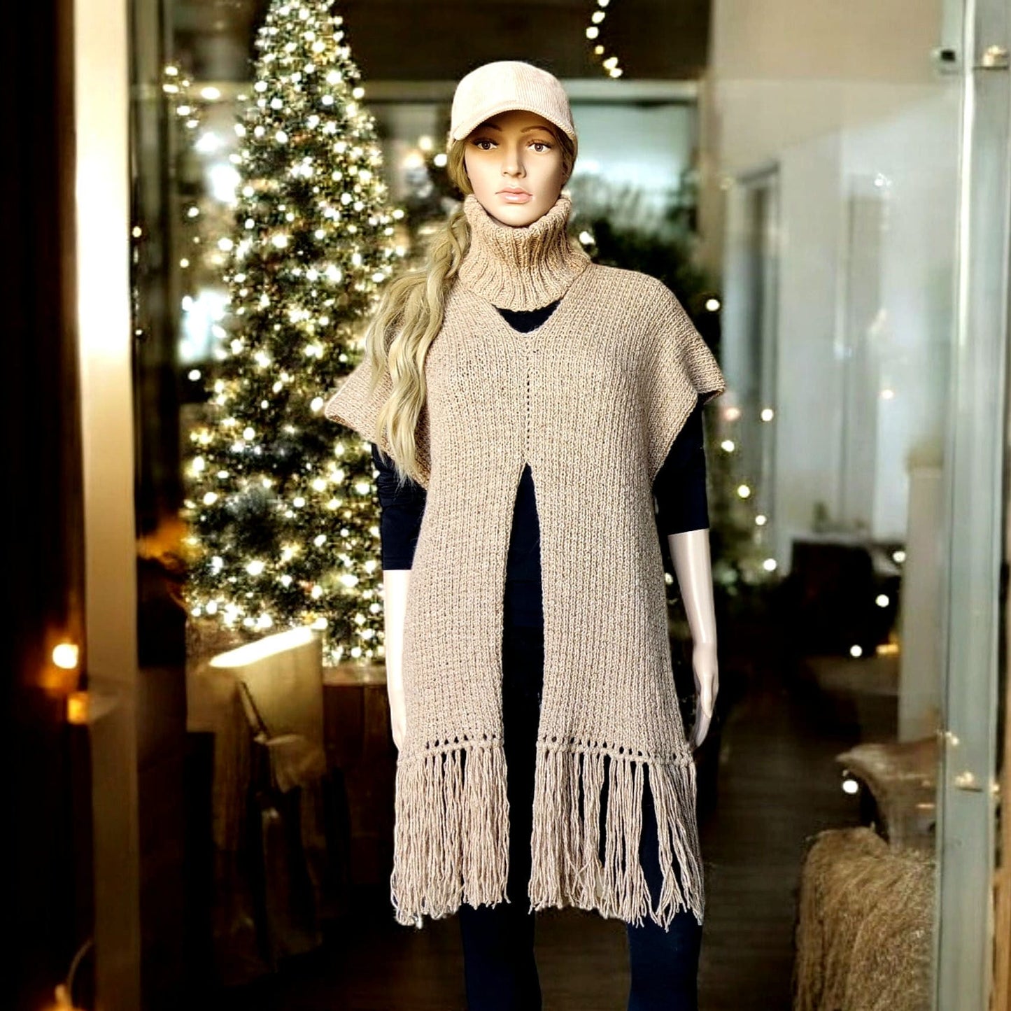 Gray Merino Wool Poncho with Fringe - Knitted Turtleneck Vest