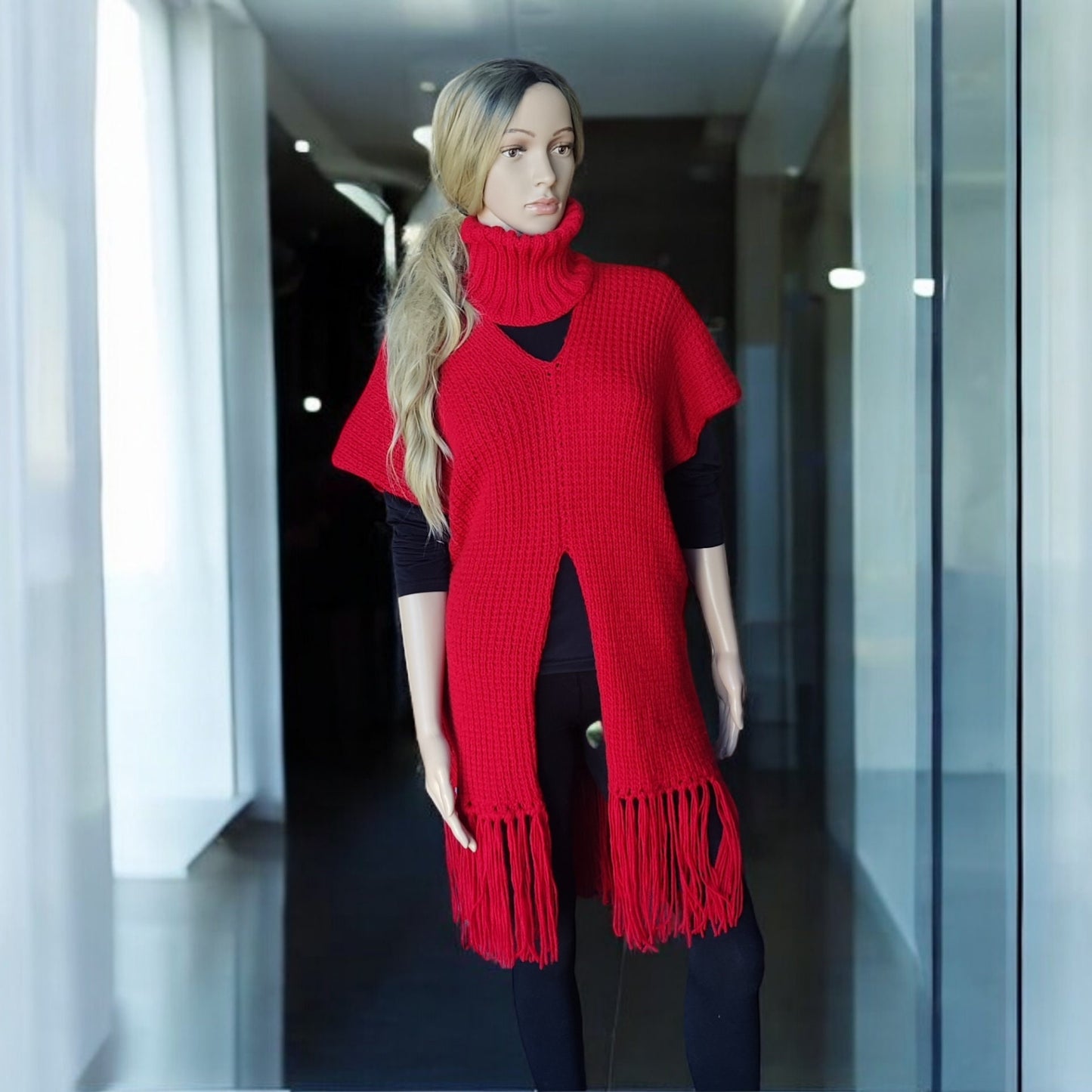Red Knitted Poncho with Fringe - Turtleneck Vest for Women