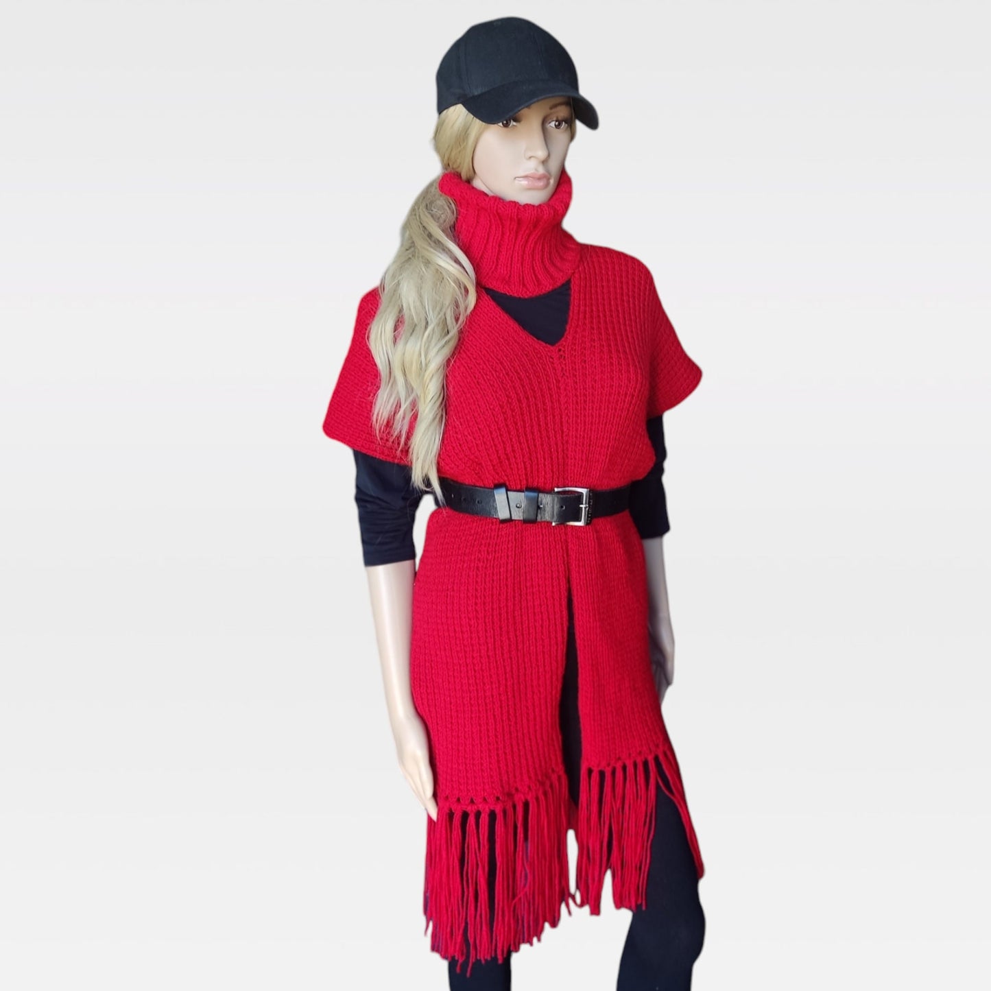 Red Knitted Poncho with Fringe - Turtleneck Vest for Women