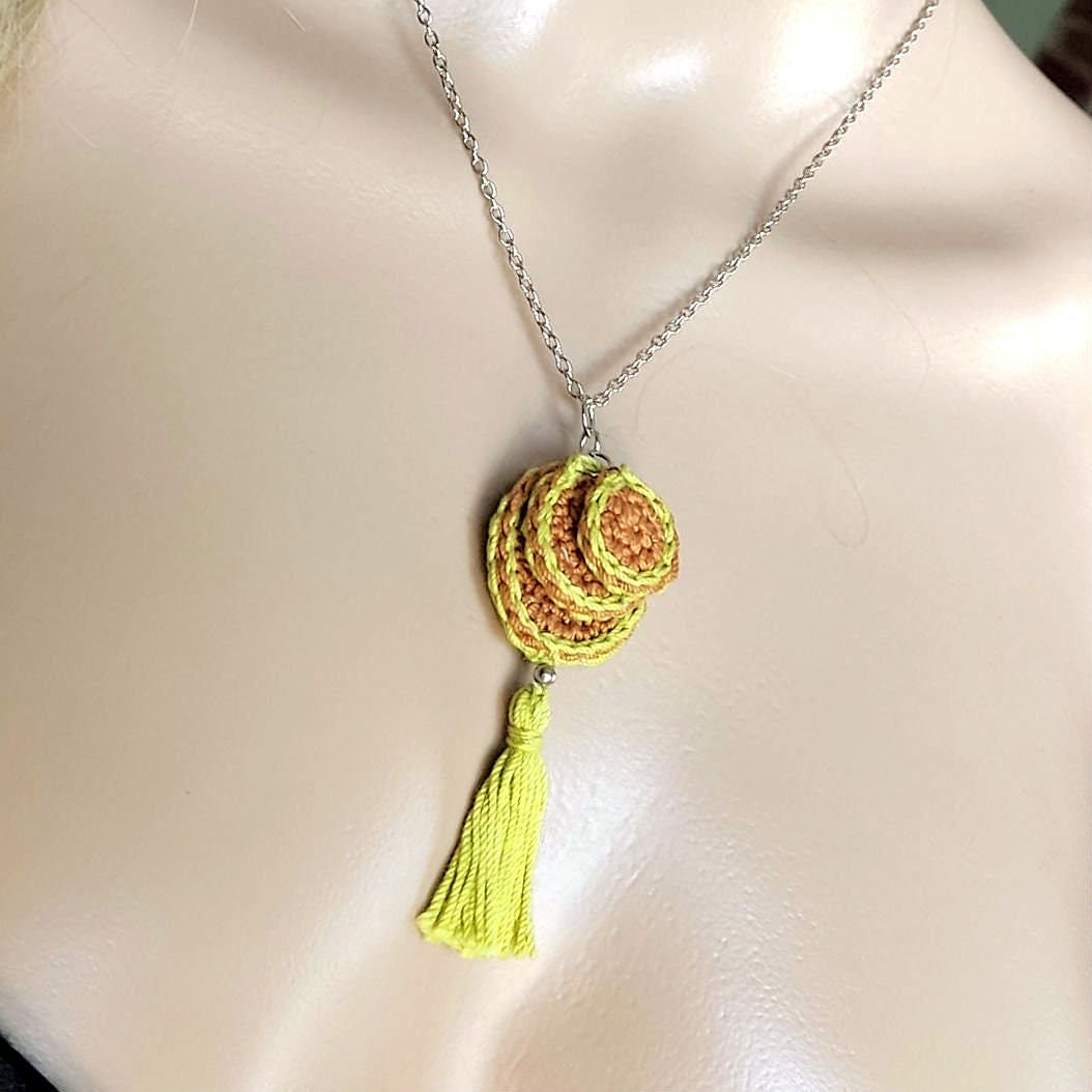 Brown & Green Crochet Pendant Necklace - Handmade Boho Tassel Statement Jewelry