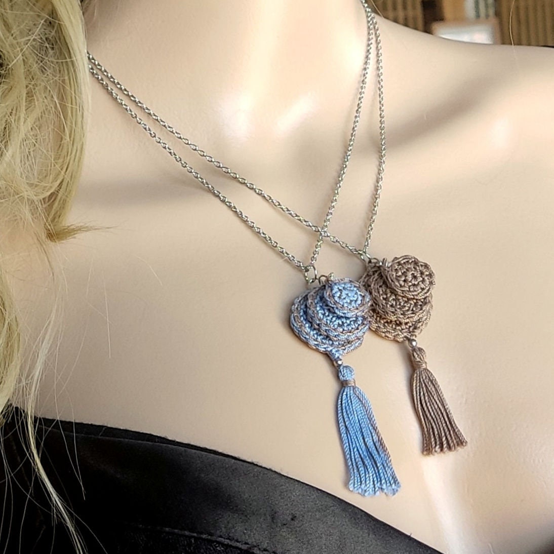 Crochet Pendant Necklace - Denim Blue & Beige Boho Tassel Necklace