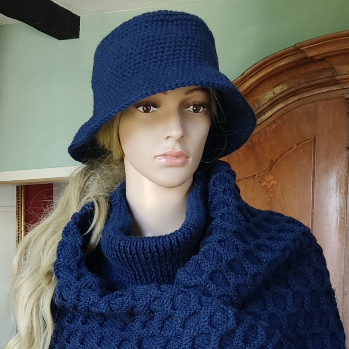 Personalised Navy Blue Crochet Bucket Hat with Leather Flower