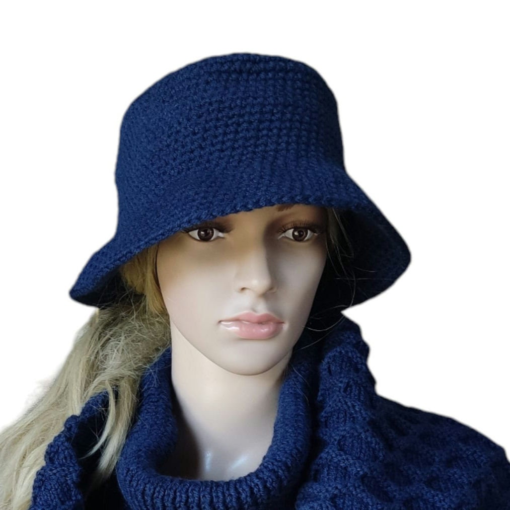 Personalised Navy Blue Crochet Bucket Hat with Leather Flower