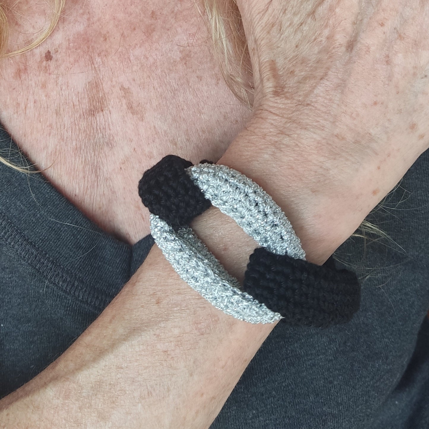 Black & Silver Braided Crochet Cuff Bracelet - Chunky Statement Jewelry