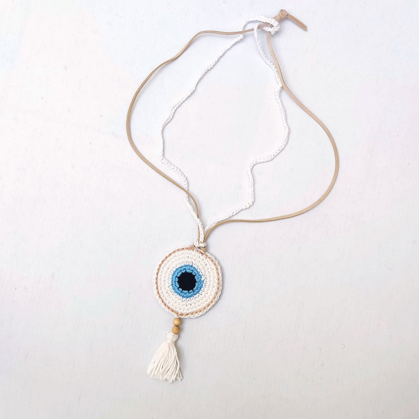 Crochet Evil Eye Necklace - Boho Statement Pendant with Tassel, Protection Jewelry