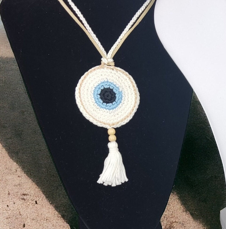 Crochet Evil Eye Necklace - Boho Statement Pendant with Tassel, Protection Jewelry