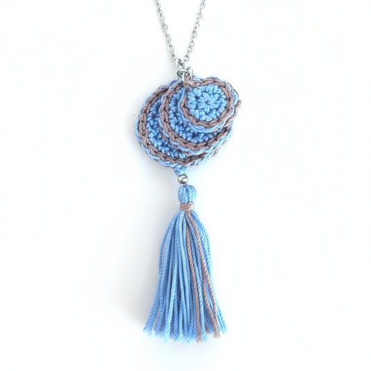Crochet Pendant Necklace - Denim Blue & Beige Boho Tassel Necklace