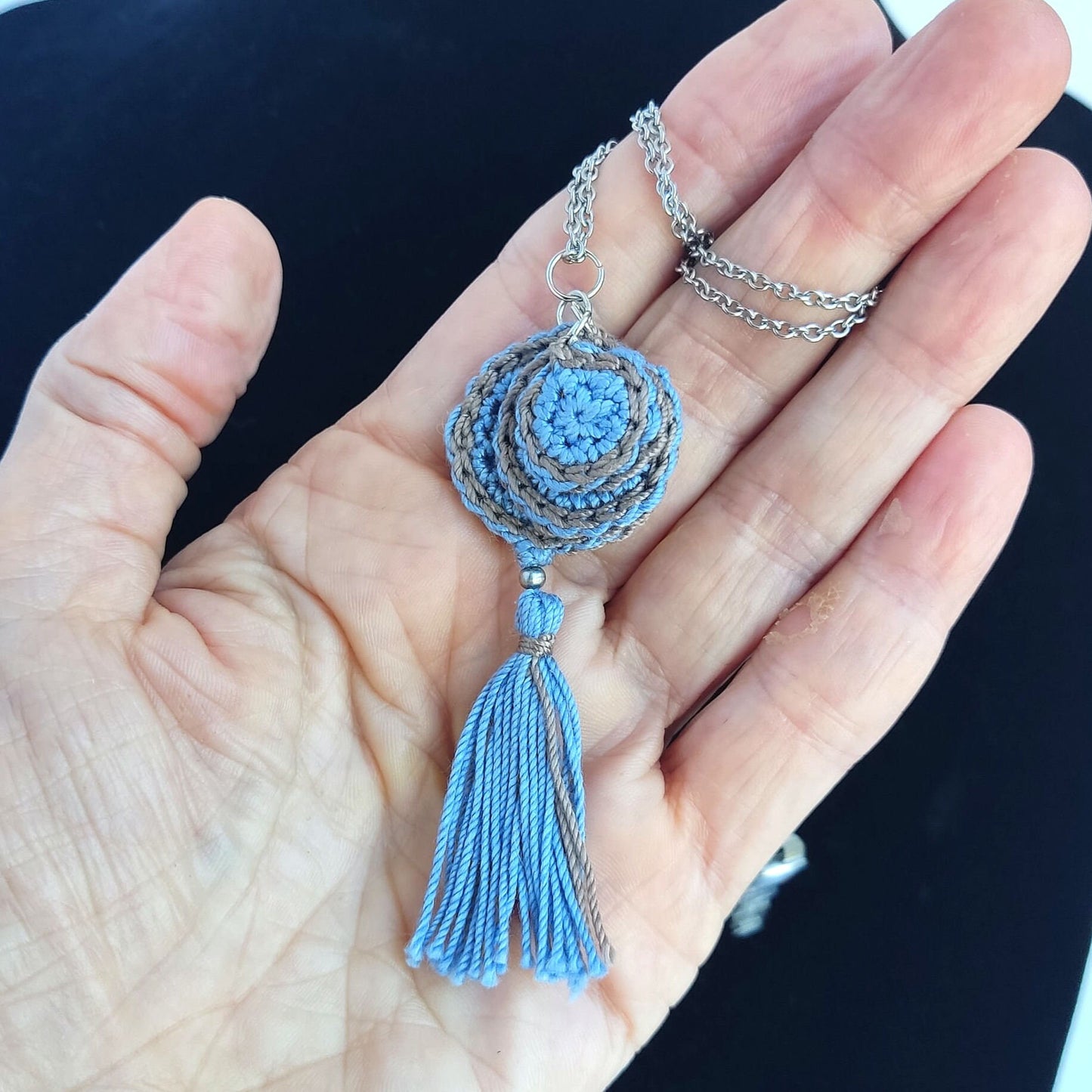 Crochet Pendant Necklace - Denim Blue & Beige Boho Tassel Necklace