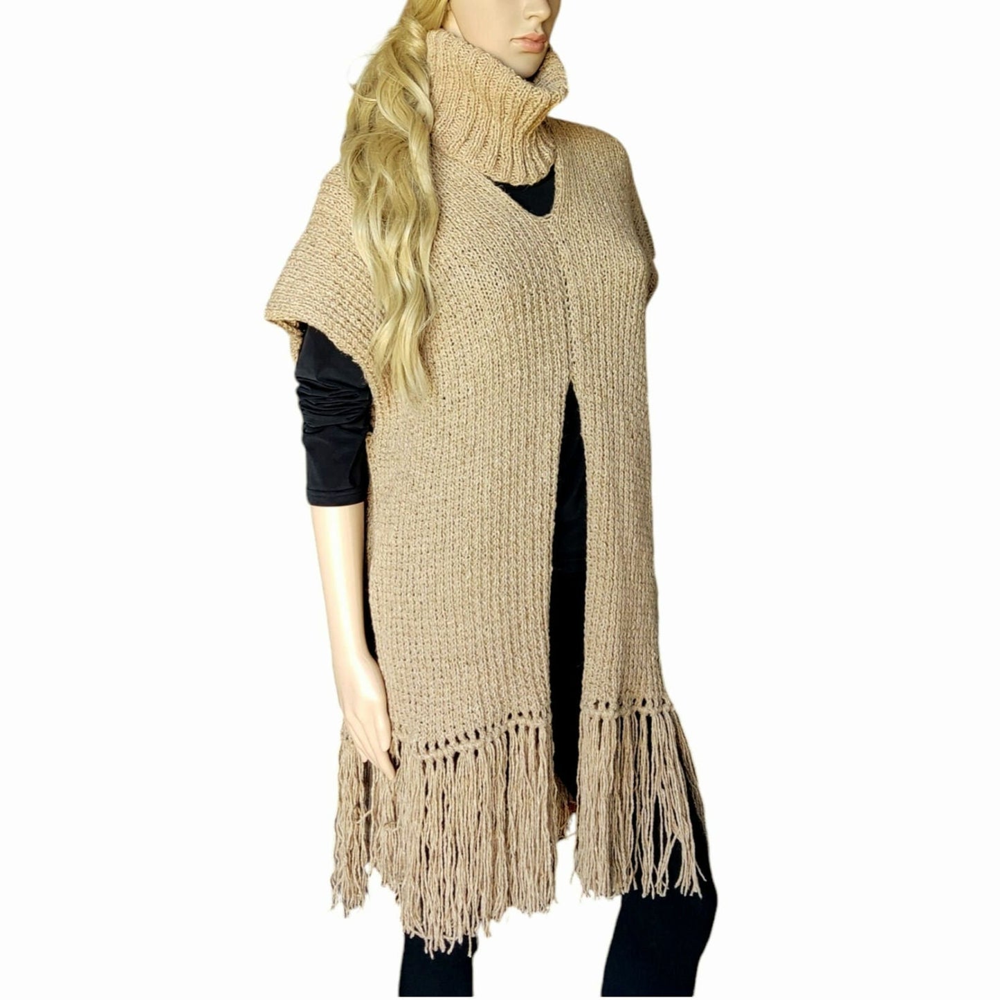 Beige Merino Wool Poncho with Fringe - Knitted Turtleneck Vest