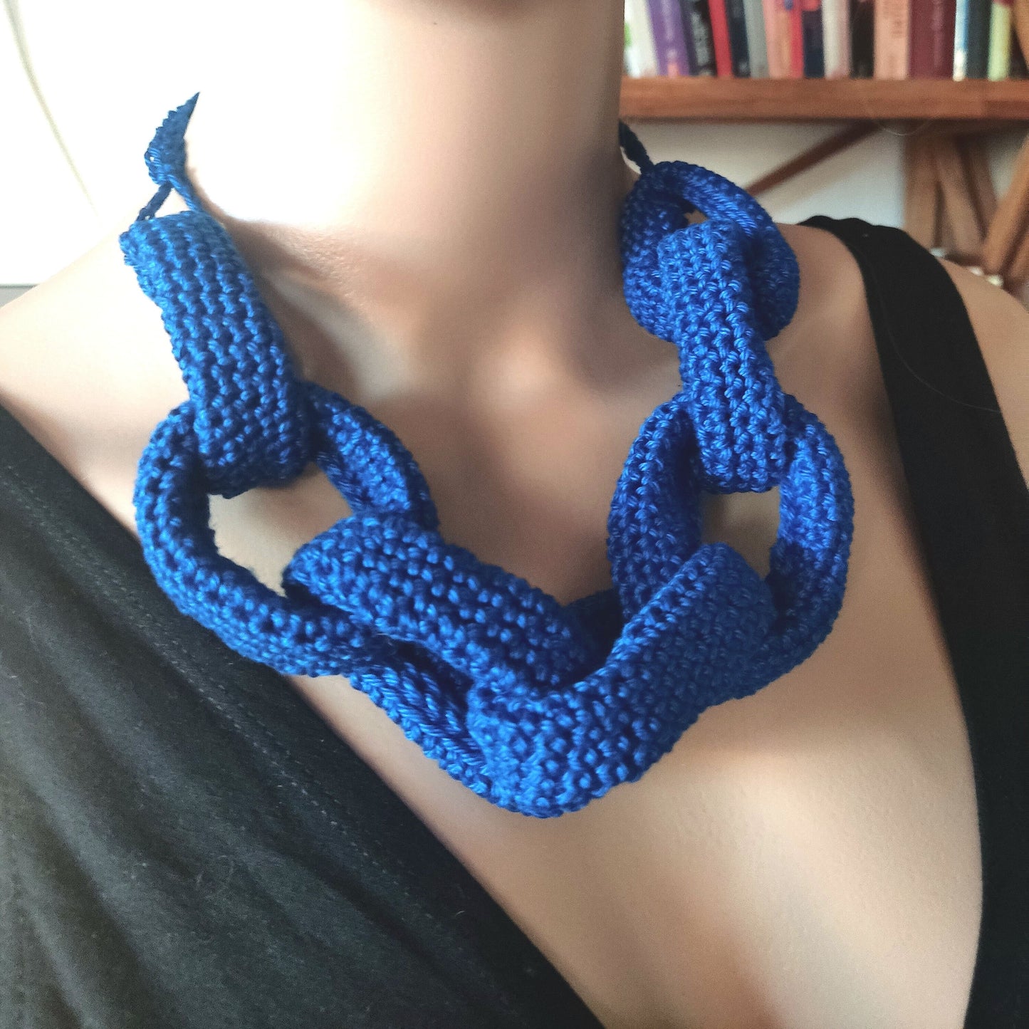 Royal Blue Chunky Crochet Chain Necklace - Handmade Braided Cotton Statement Jewelry, Adjustable