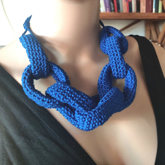 Royal Blue Chunky Crochet Chain Necklace - Handmade Braided Cotton Statement Jewelry, Adjustable