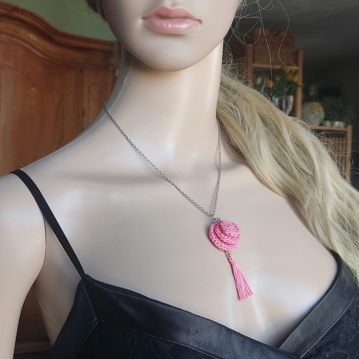 Pink Crochet Pendant Necklace - Handmade Boho Tassel Statement Jewelry