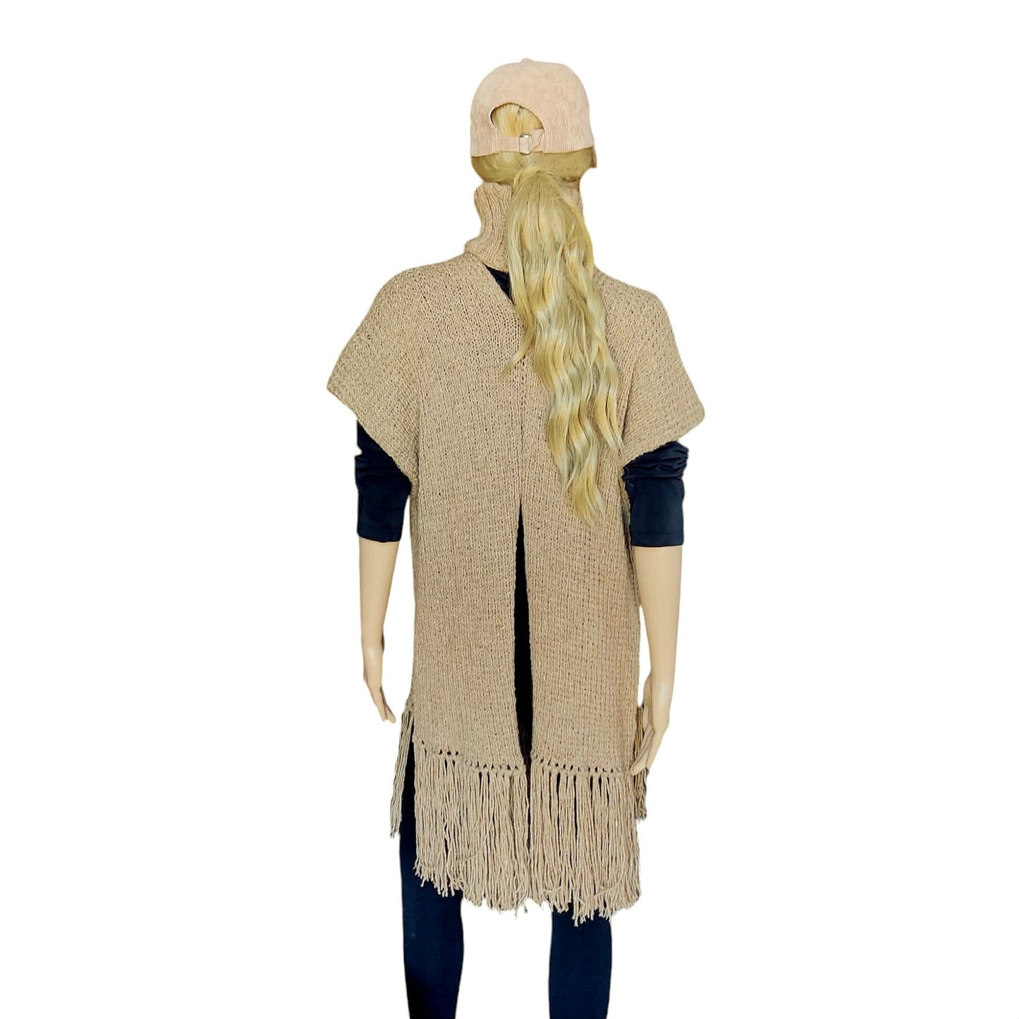 Beige Merino Wool Poncho with Fringe - Knitted Turtleneck Vest