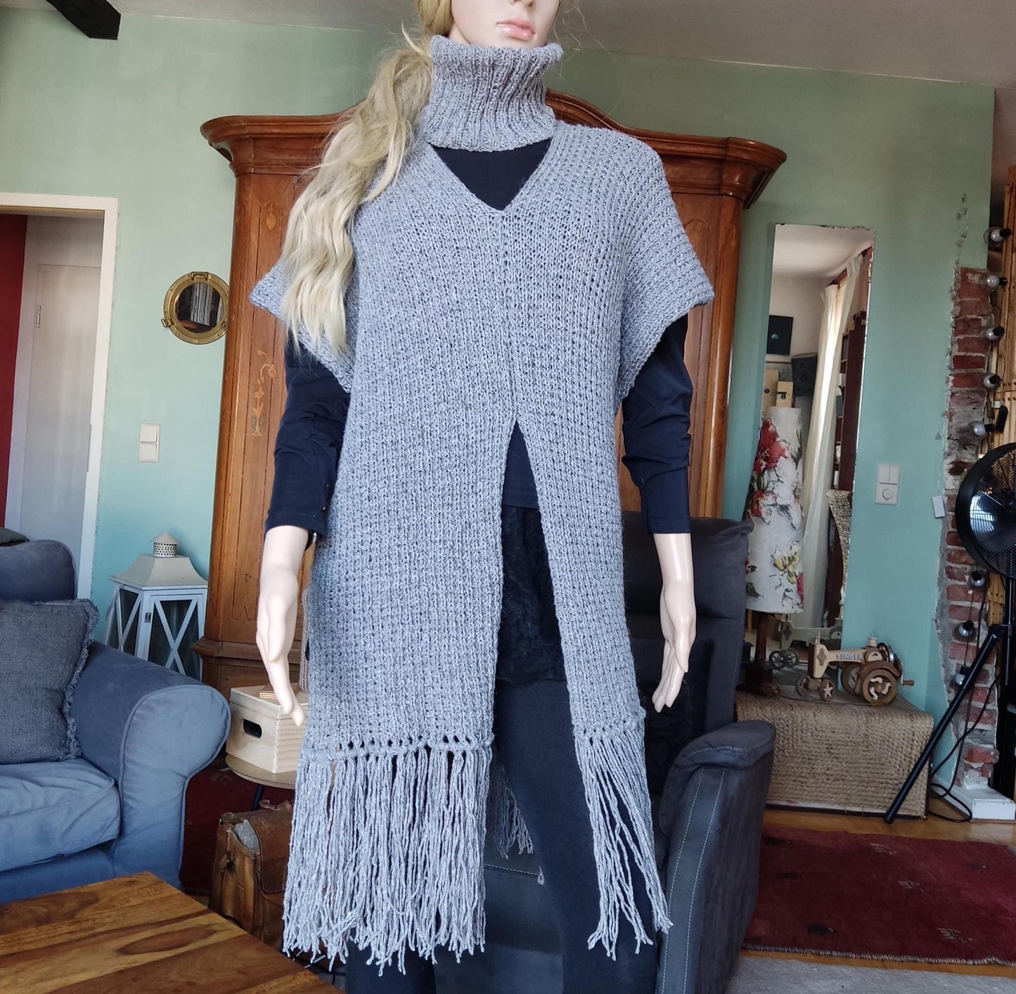 Gray Merino Wool Poncho with Fringe - Knitted Turtleneck Vest