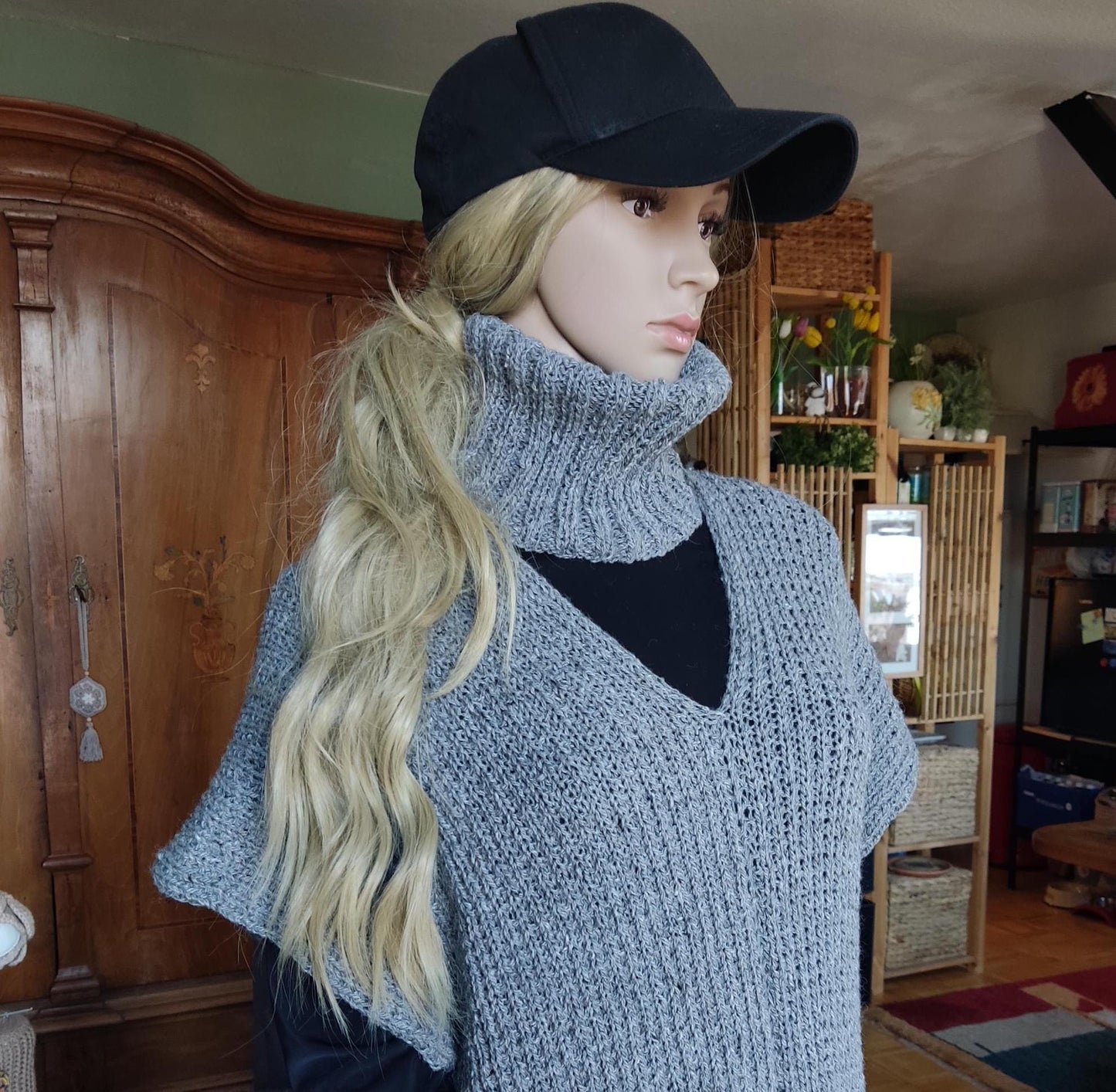Gray Merino Wool Poncho with Fringe - Knitted Turtleneck Vest