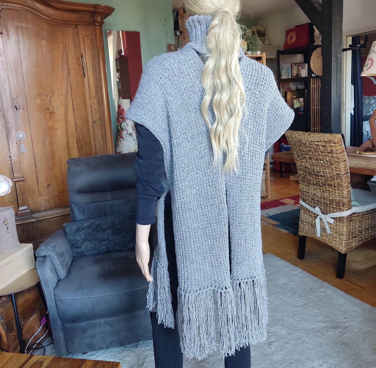 Gray Merino Wool Poncho with Fringe - Knitted Turtleneck Vest