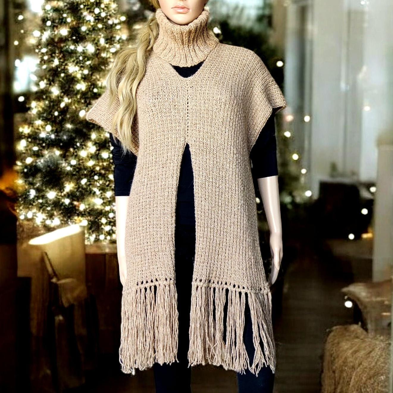 Beige Merino Wool Poncho with Fringe - Knitted Turtleneck Vest