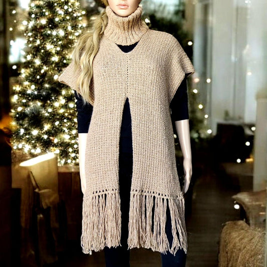 Beige Merino Wool Poncho with Fringe - Knitted Turtleneck Vest