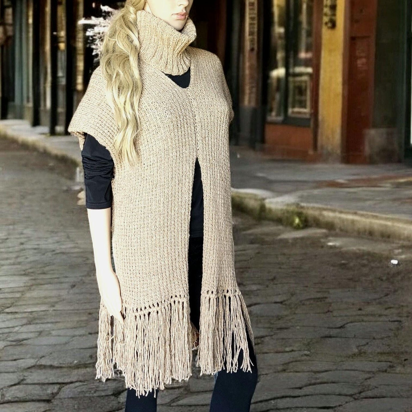 Beige Merino Wool Poncho with Fringe - Knitted Turtleneck Vest