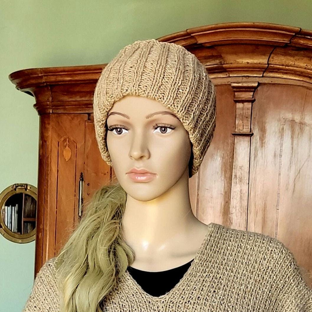 Beige Merino Wool Poncho with Fringe - Knitted Turtleneck Vest