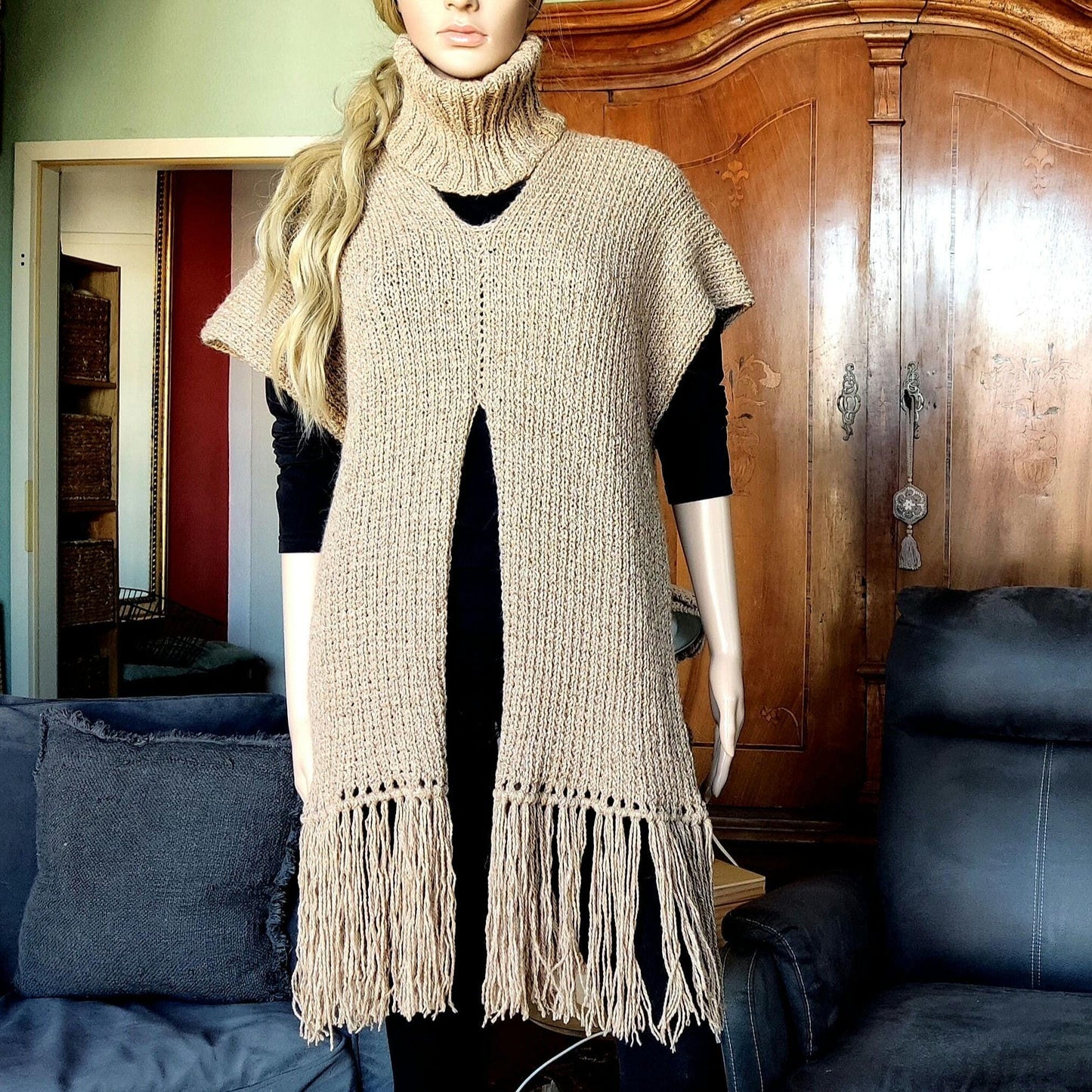 Beige Merino Wool Poncho with Fringe - Knitted Turtleneck Vest