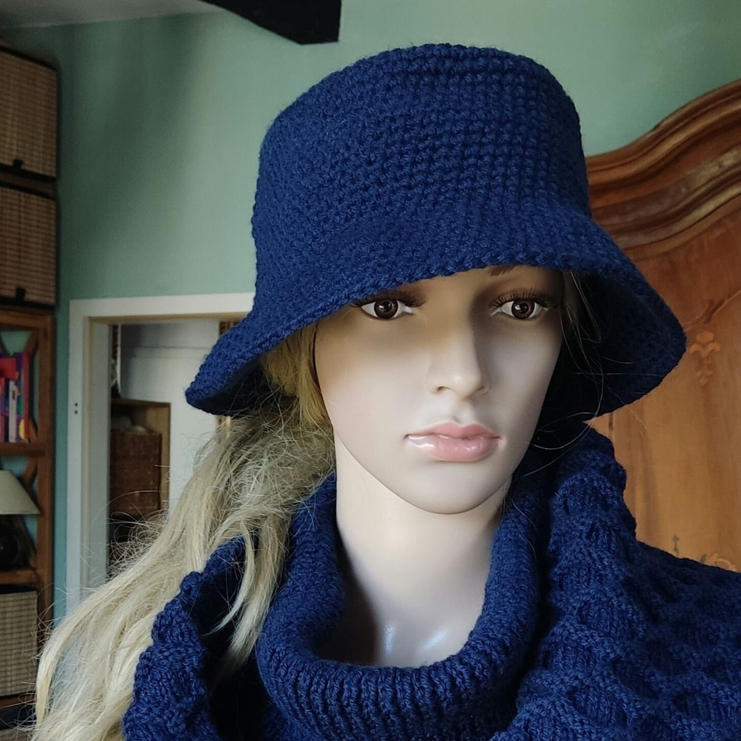 Personalised Navy Blue Crochet Bucket Hat with Leather Flower