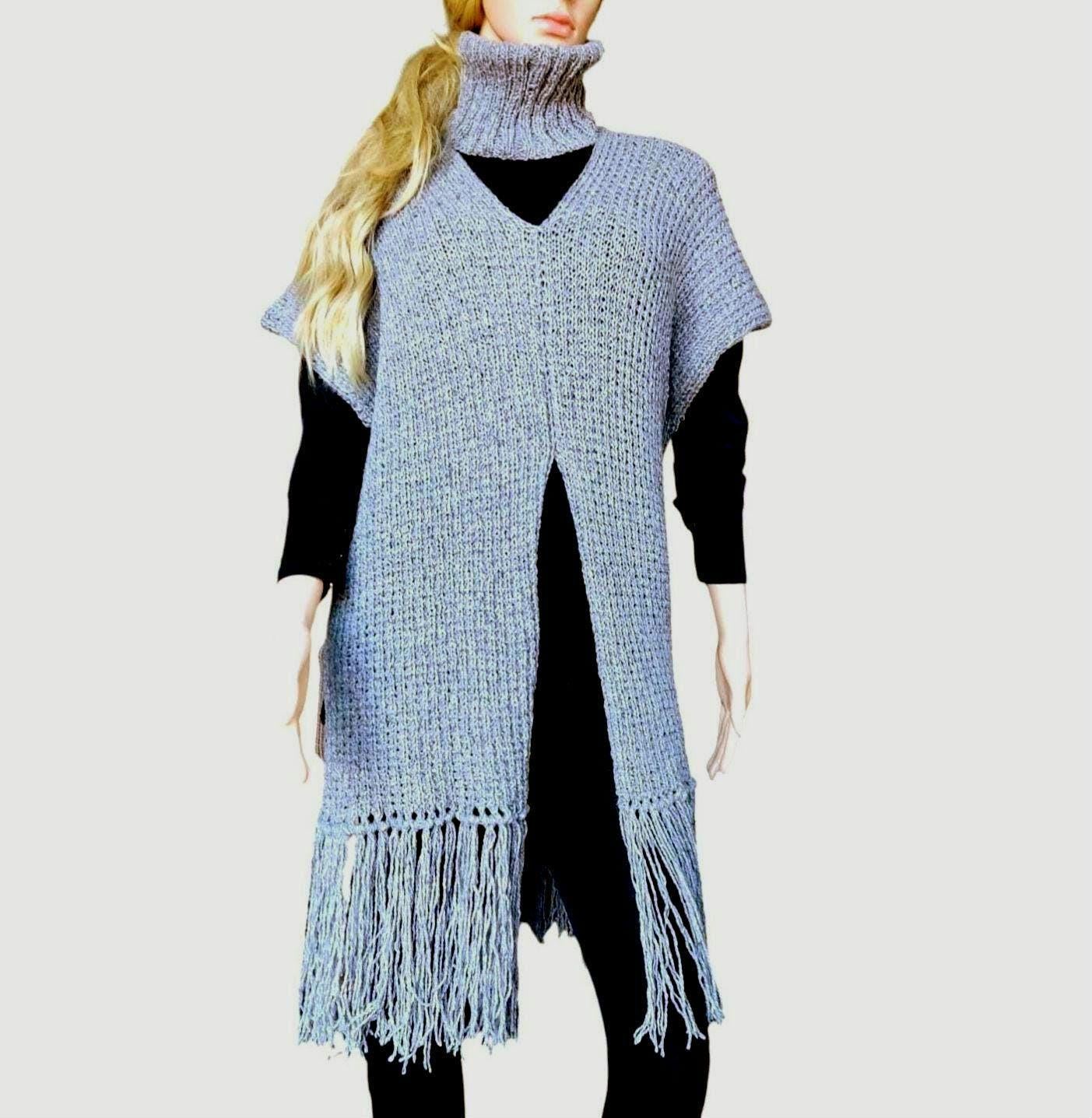 Gray Merino Wool Poncho with Fringe - Knitted Turtleneck Vest