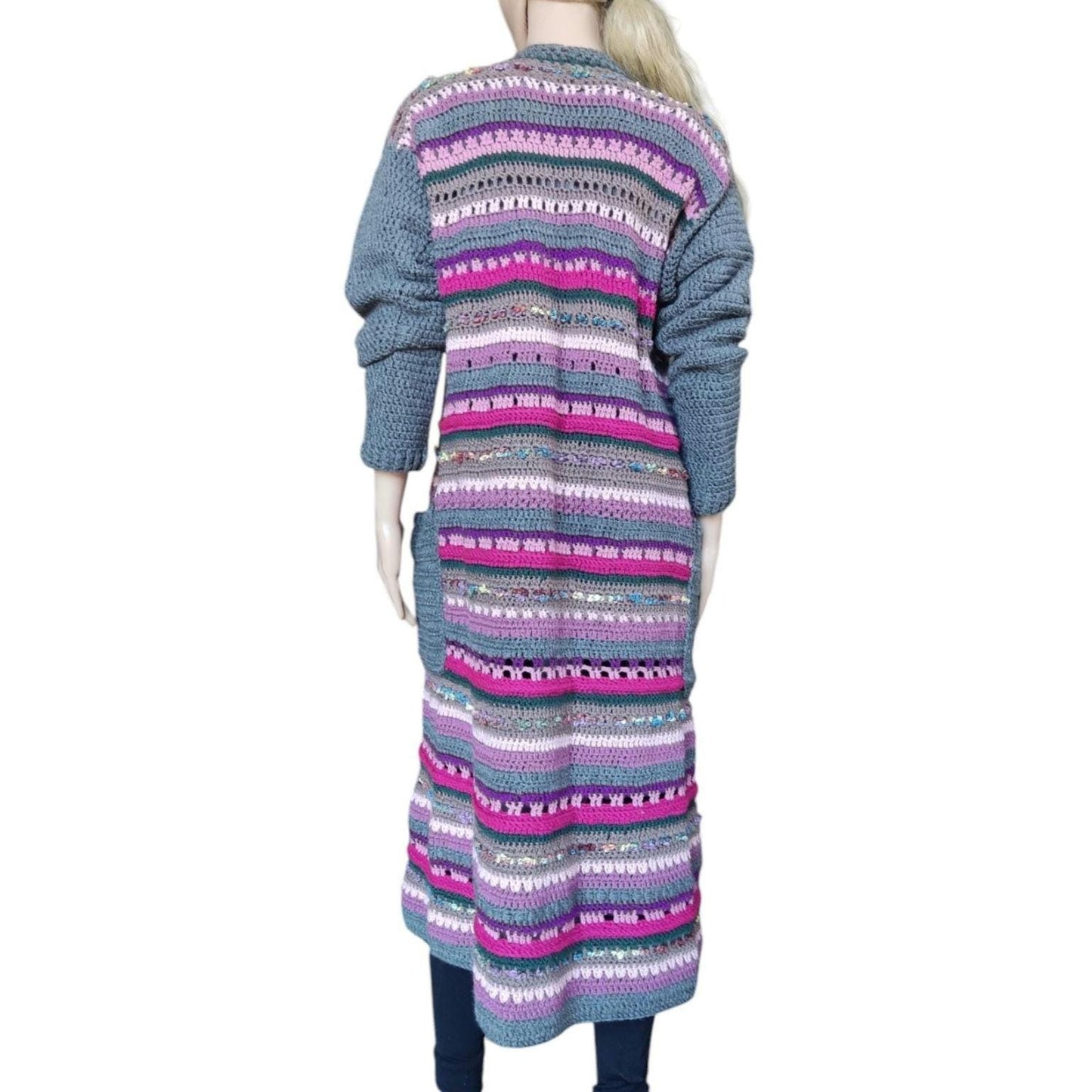 Crochet Duster Cardigan - Gray Purple Pink Striped Long Jacket