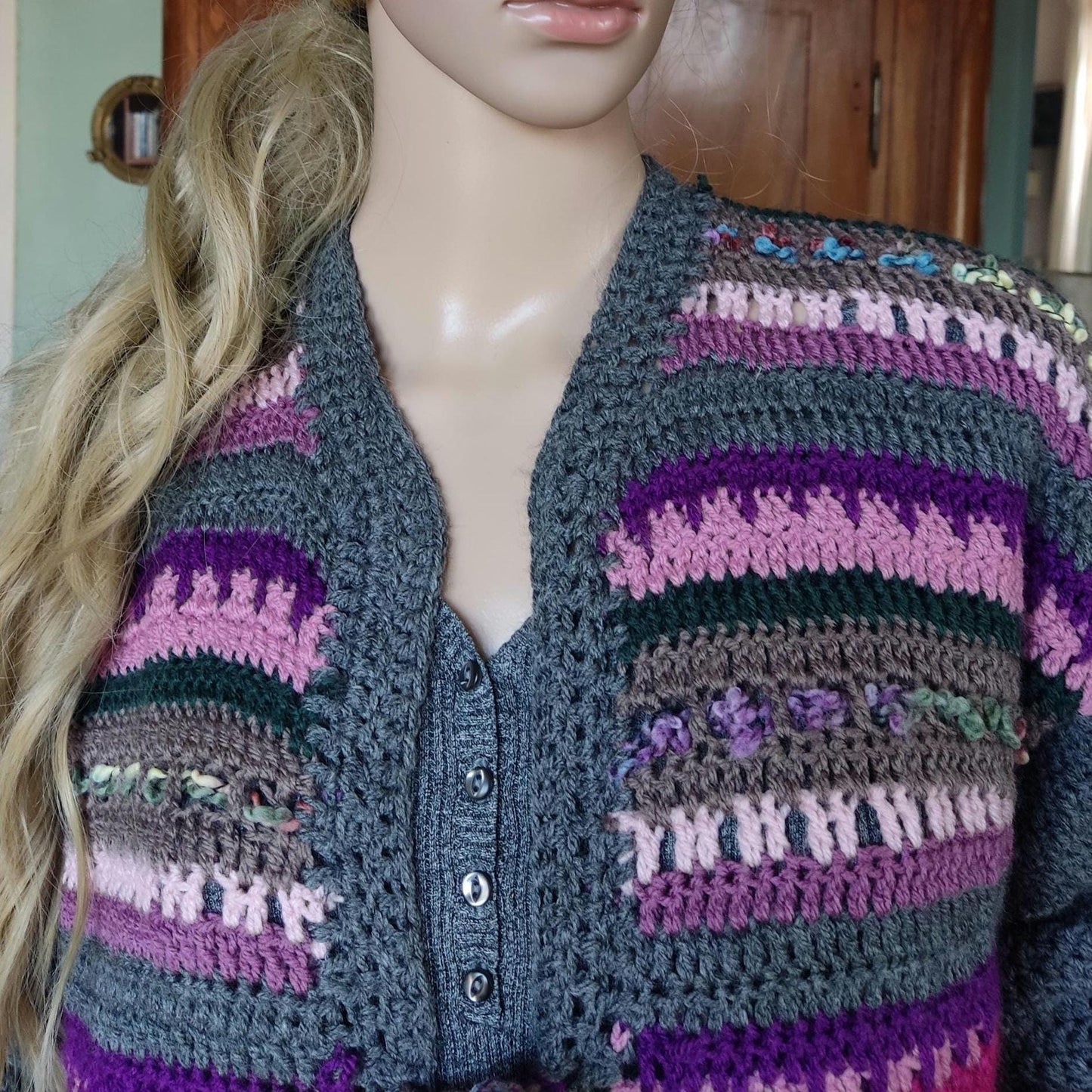 Crochet Duster Cardigan - Gray Purple Pink Striped Long Jacket