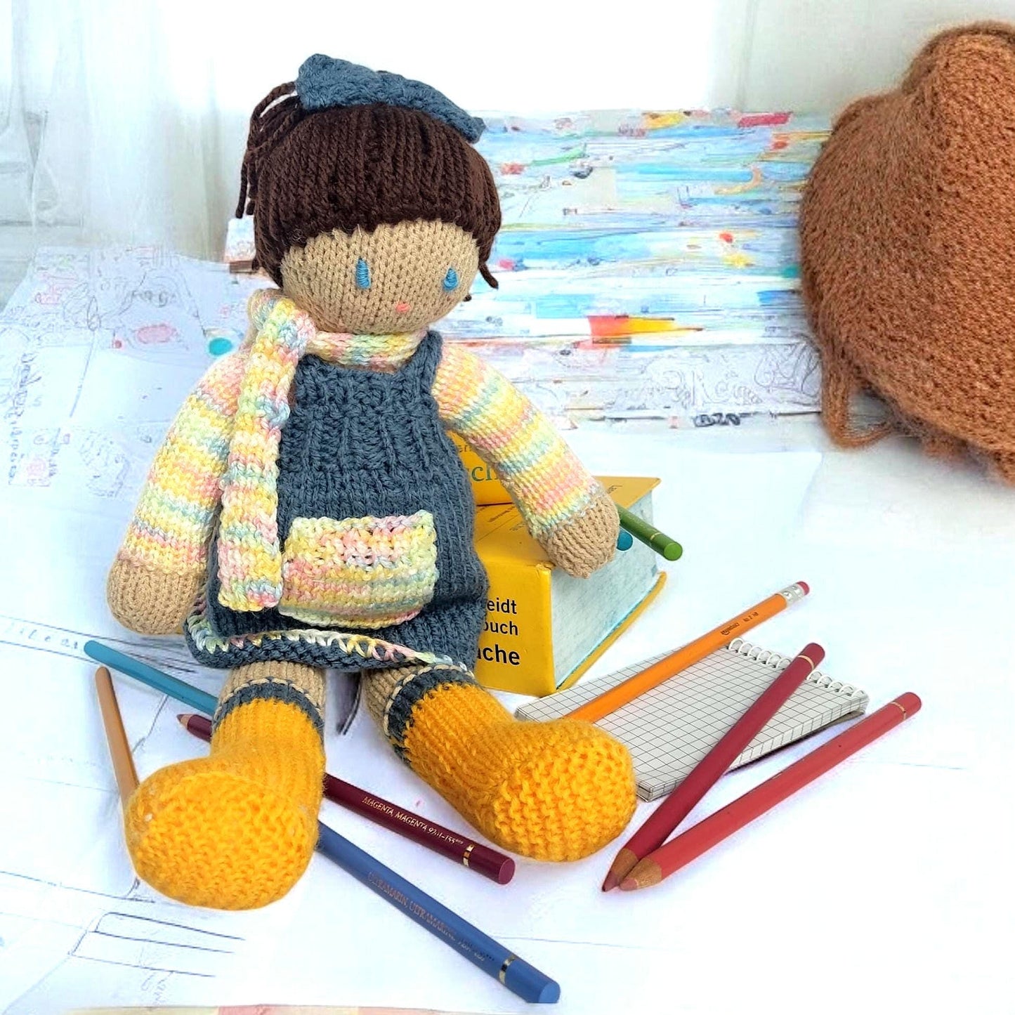 Crochet School Girl Doll: Brown Hair, Handmade Plush Toy
