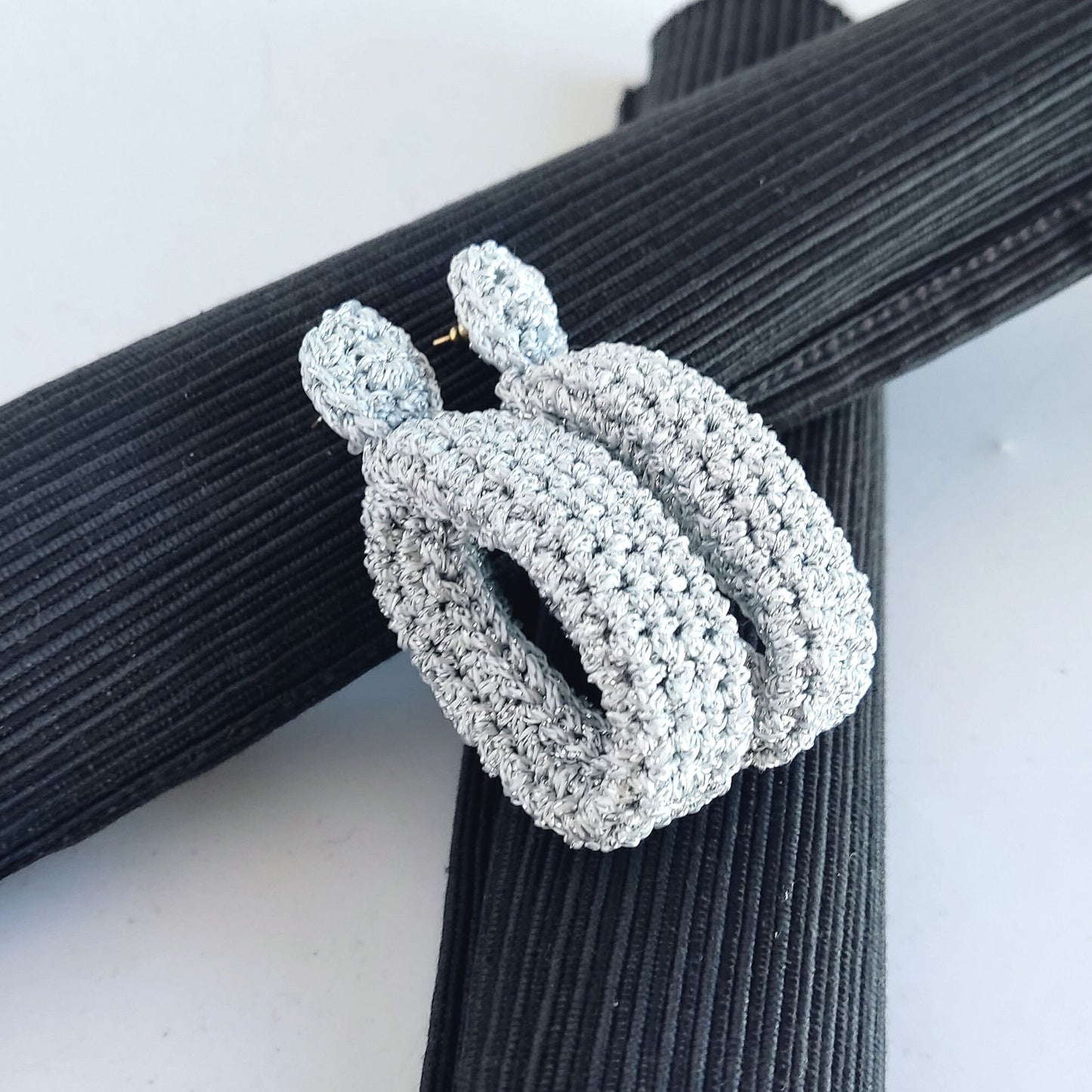 Silver Crochet Statement Earrings: Gold Plated Studs, Metallic Yarn