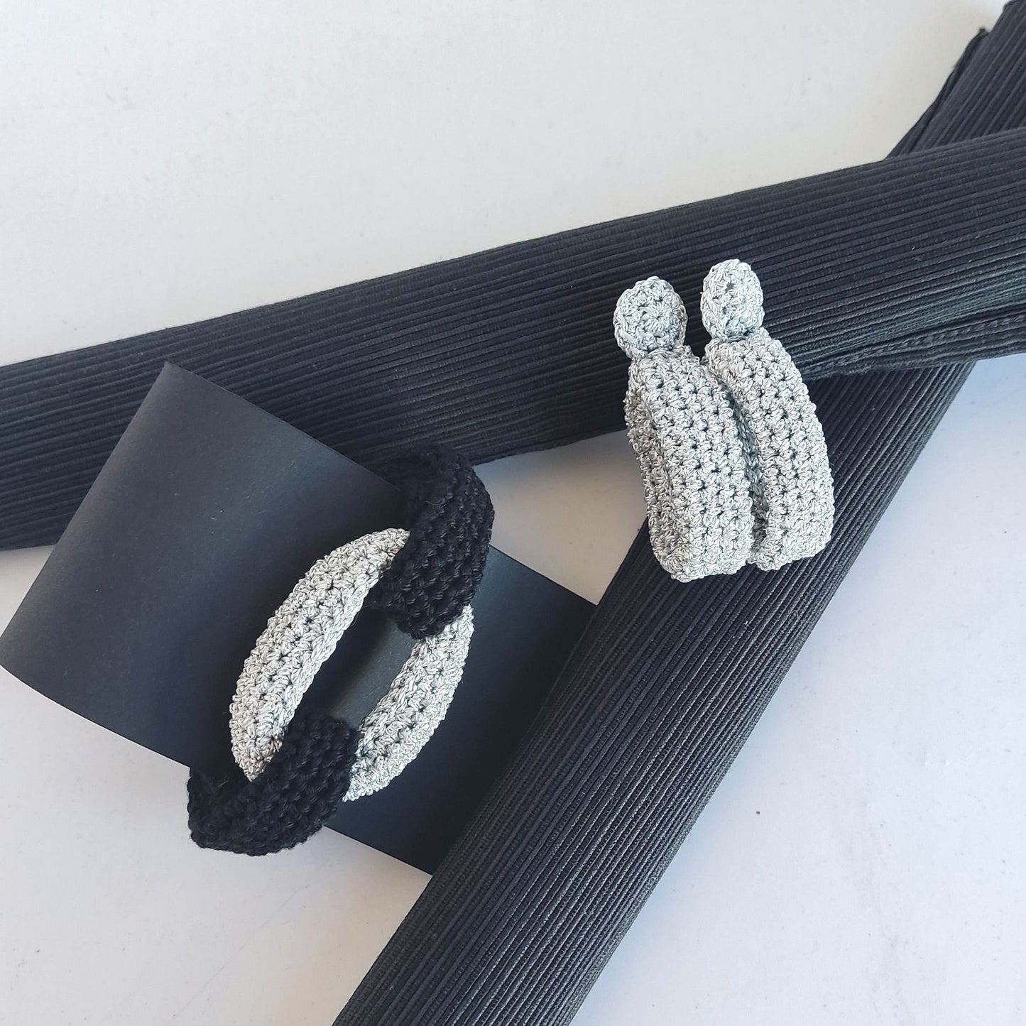 Silver Crochet Statement Earrings: Gold Plated Studs, Metallic Yarn