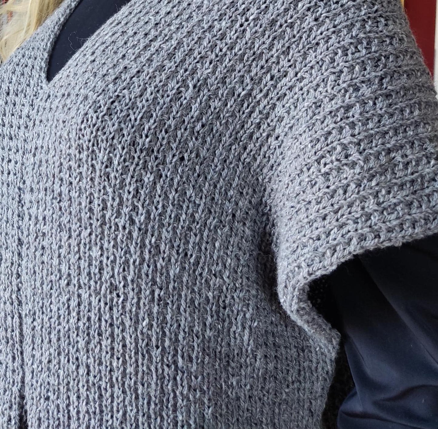 Gray Merino Wool Poncho with Fringe - Knitted Turtleneck Vest